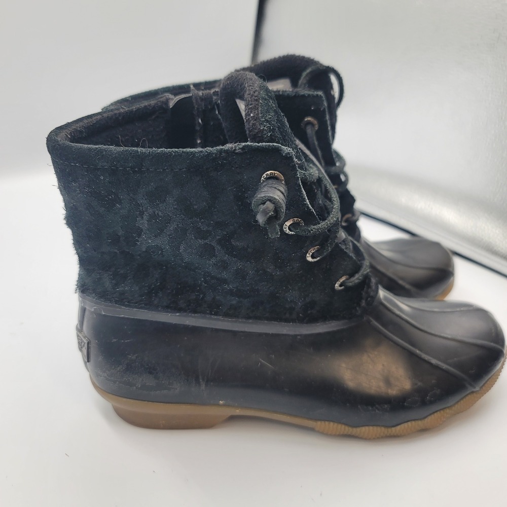 Sperry Womens‎ Saltwater Leopard Black Suede Duck Boots STS87097 Size 8